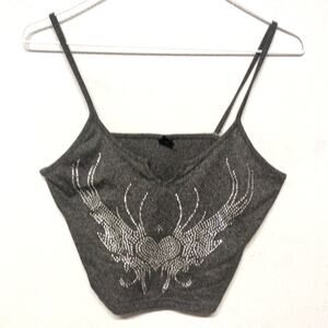 Rhinestone Spaghetti Strap Crop Top ROMWE SZ 6 Charcoal Heathered Gray